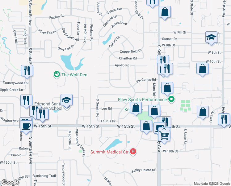 map of restaurants, bars, coffee shops, grocery stores, and more near 1310 West Gemini Road in Edmond