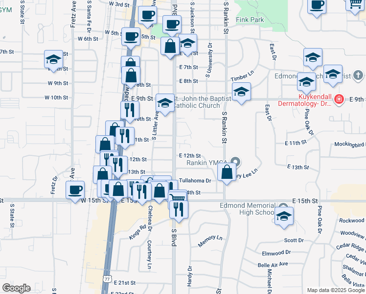 map of restaurants, bars, coffee shops, grocery stores, and more near 211 East 12th Street in Edmond