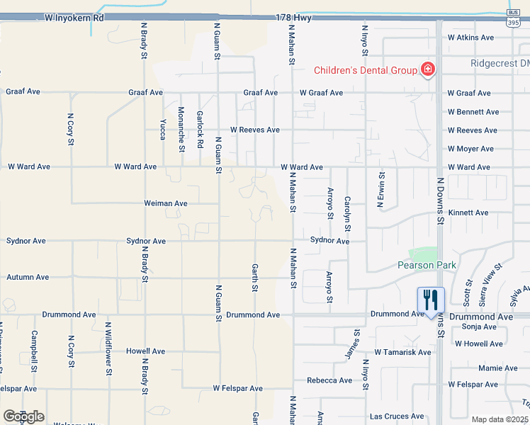map of restaurants, bars, coffee shops, grocery stores, and more near 1135 North Mahan Street in Ridgecrest