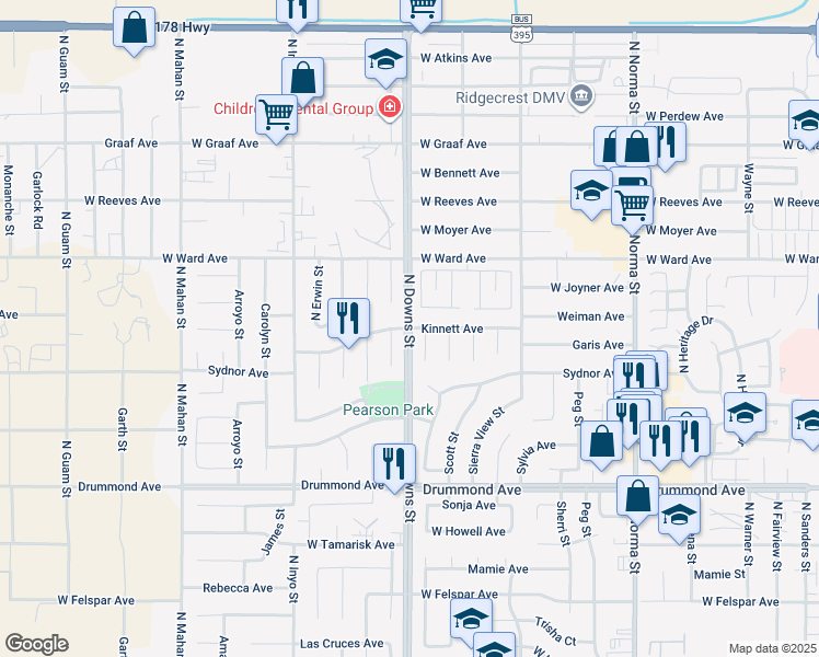map of restaurants, bars, coffee shops, grocery stores, and more near 898 Kinnett Avenue in Ridgecrest