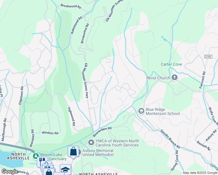 map of restaurants, bars, coffee shops, grocery stores, and more near 73 French Willow Drive in Asheville
