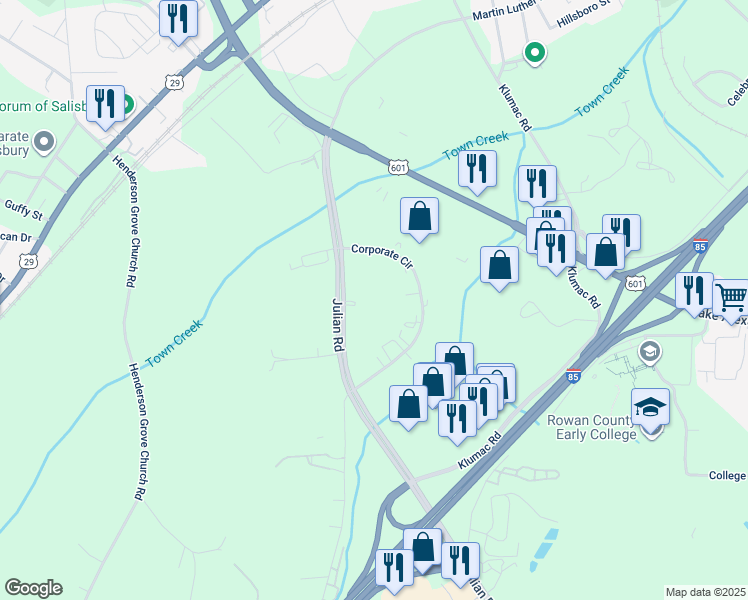 map of restaurants, bars, coffee shops, grocery stores, and more near 804 Julian Road in Salisbury