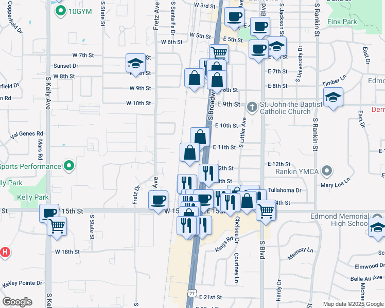 map of restaurants, bars, coffee shops, grocery stores, and more near 1129 South Broadway in Edmond
