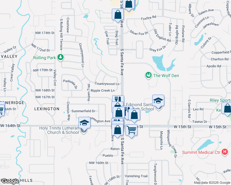 map of restaurants, bars, coffee shops, grocery stores, and more near 2322 Ripple Creek Lane in Edmond