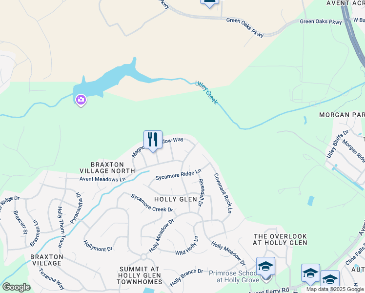 map of restaurants, bars, coffee shops, grocery stores, and more near 105 Summer Holly Lane in Holly Springs