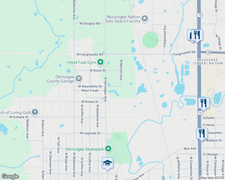 map of restaurants, bars, coffee shops, grocery stores, and more near 1551 North Oklahoma Avenue in Okmulgee