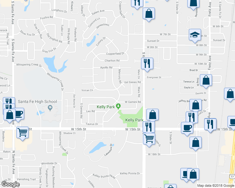 map of restaurants, bars, coffee shops, grocery stores, and more near 1105 Kelly Park Road in Edmond