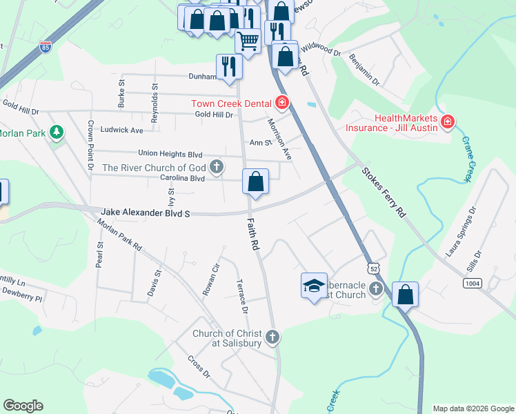map of restaurants, bars, coffee shops, grocery stores, and more near 810 Faith Road in Salisbury