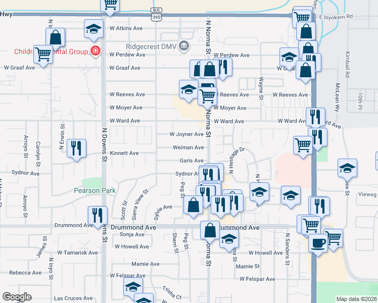 map of restaurants, bars, coffee shops, grocery stores, and more near 545 West Joyner Avenue in Ridgecrest