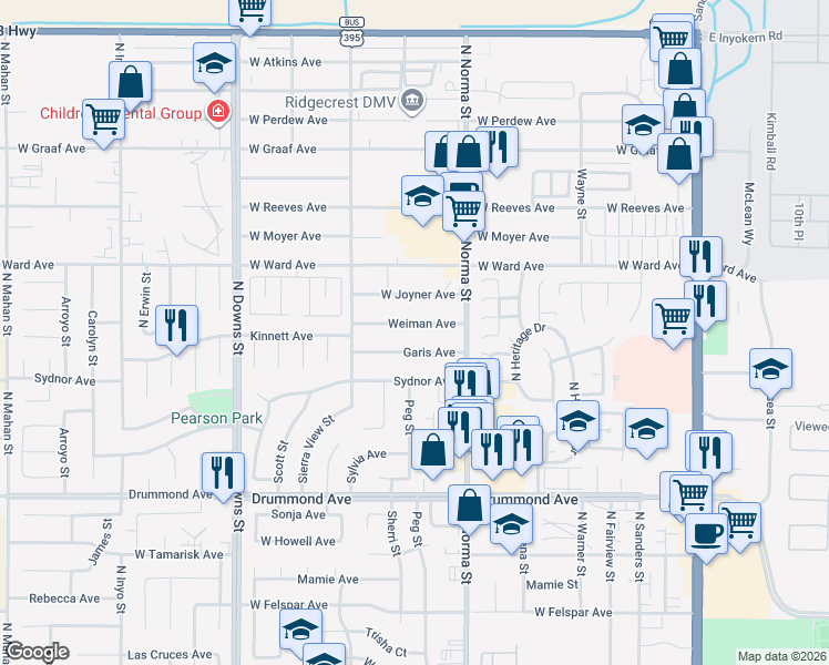 map of restaurants, bars, coffee shops, grocery stores, and more near 543 Weiman Avenue in Ridgecrest