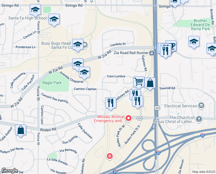 map of restaurants, bars, coffee shops, grocery stores, and more near 1928 Calle Miquela in Santa Fe