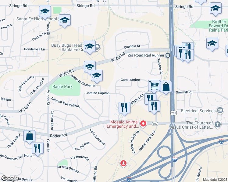 map of restaurants, bars, coffee shops, grocery stores, and more near 1943 Camino Lumbre in Santa Fe