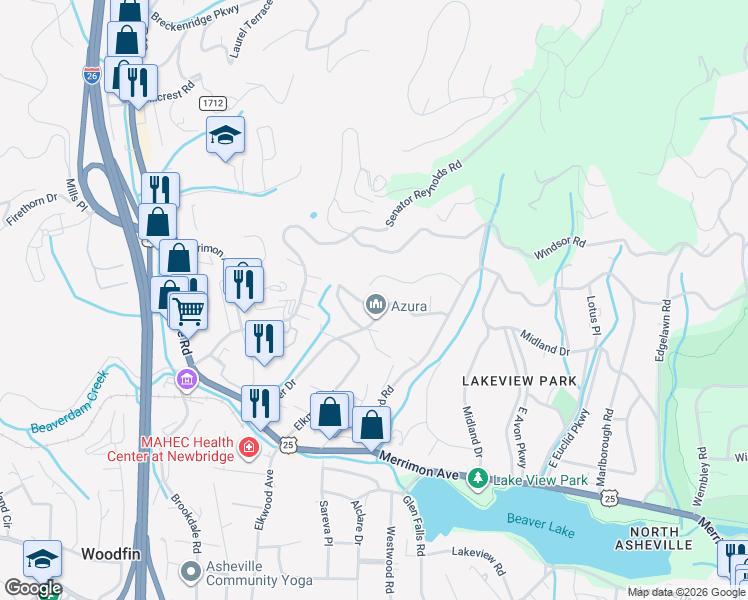 map of restaurants, bars, coffee shops, grocery stores, and more near 99999 Graystone Road in Asheville