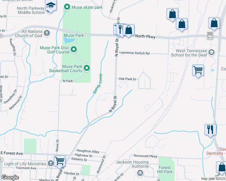 map of restaurants, bars, coffee shops, grocery stores, and more near 1551 N Royal St in Jackson