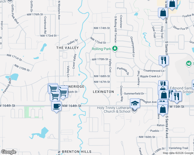 map of restaurants, bars, coffee shops, grocery stores, and more near 16908 Sunny Hollow Road in Edmond