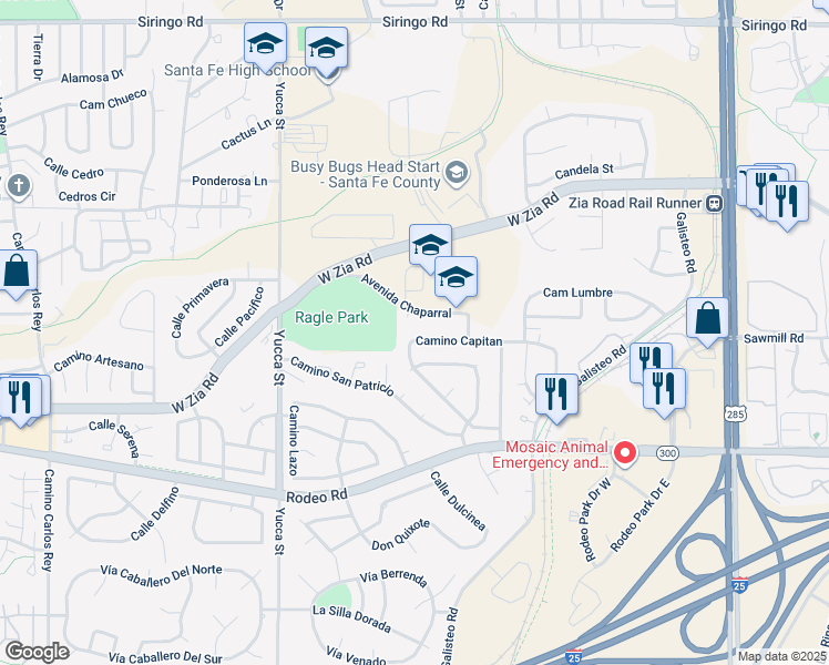 map of restaurants, bars, coffee shops, grocery stores, and more near 2458 Avenida Chaparral in Santa Fe