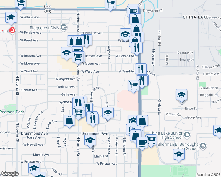 map of restaurants, bars, coffee shops, grocery stores, and more near 1259 Sage Court in Ridgecrest