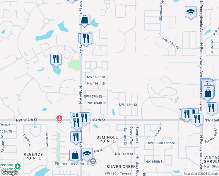 map of restaurants, bars, coffee shops, grocery stores, and more near 2701 Northwest 168th Terrace in Edmond