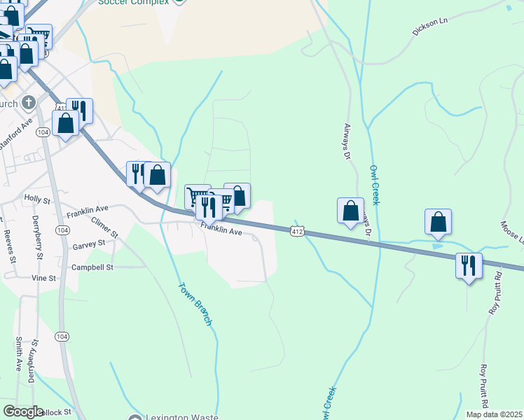 map of restaurants, bars, coffee shops, grocery stores, and more near 727 East Church Street in Lexington