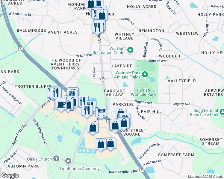 map of restaurants, bars, coffee shops, grocery stores, and more near 109 Occidental Drive in Holly Springs
