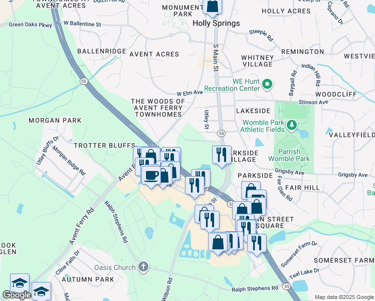 map of restaurants, bars, coffee shops, grocery stores, and more near 741 Avent Ferry Road in Holly Springs