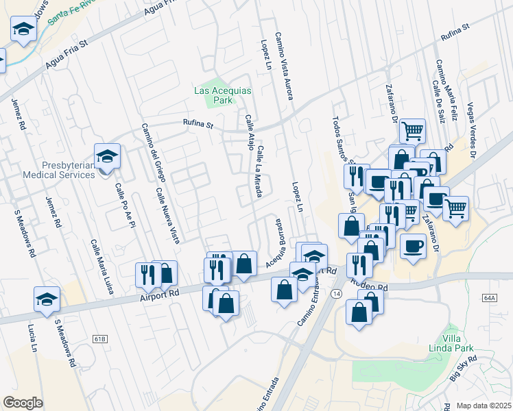 map of restaurants, bars, coffee shops, grocery stores, and more near 1282 Calle La Mirada in Santa Fe