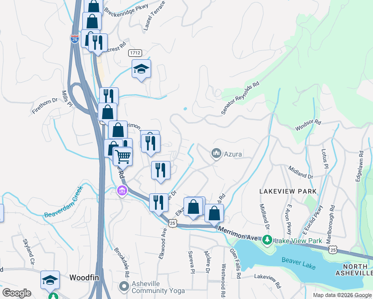 map of restaurants, bars, coffee shops, grocery stores, and more near 402 Ava Lane in Woodfin