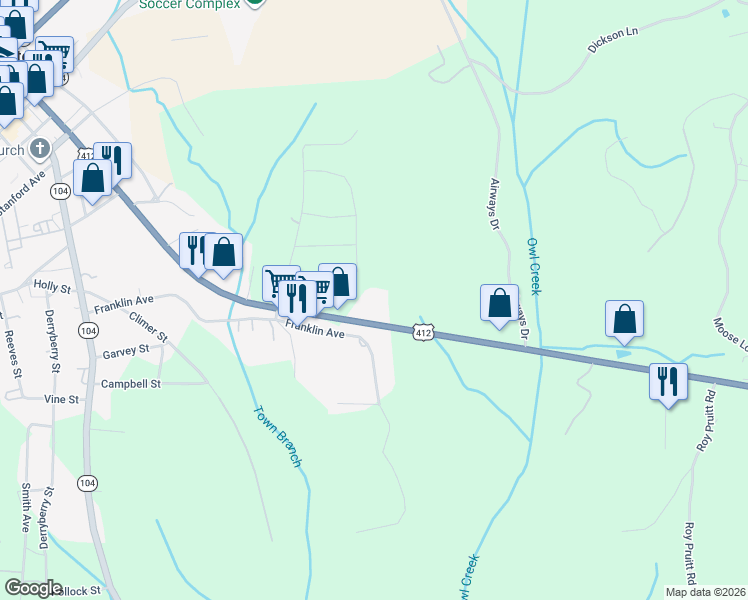 map of restaurants, bars, coffee shops, grocery stores, and more near 727 E Church St in Lexington