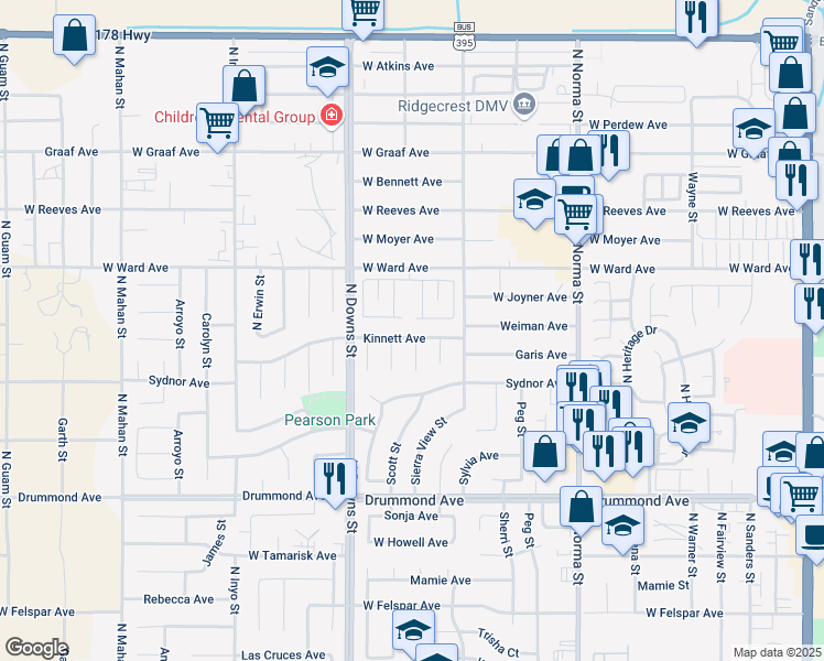 map of restaurants, bars, coffee shops, grocery stores, and more near 801 West Ward Avenue in Ridgecrest