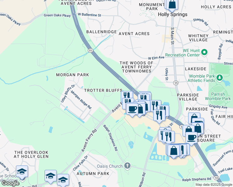 map of restaurants, bars, coffee shops, grocery stores, and more near 117 Desert Orchid Road in Holly Springs