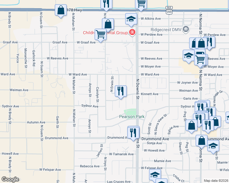 map of restaurants, bars, coffee shops, grocery stores, and more near 1206 North Erwin Street in Ridgecrest