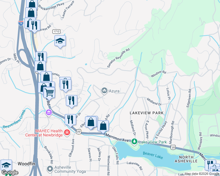 map of restaurants, bars, coffee shops, grocery stores, and more near 99999 Graystone Road in Asheville