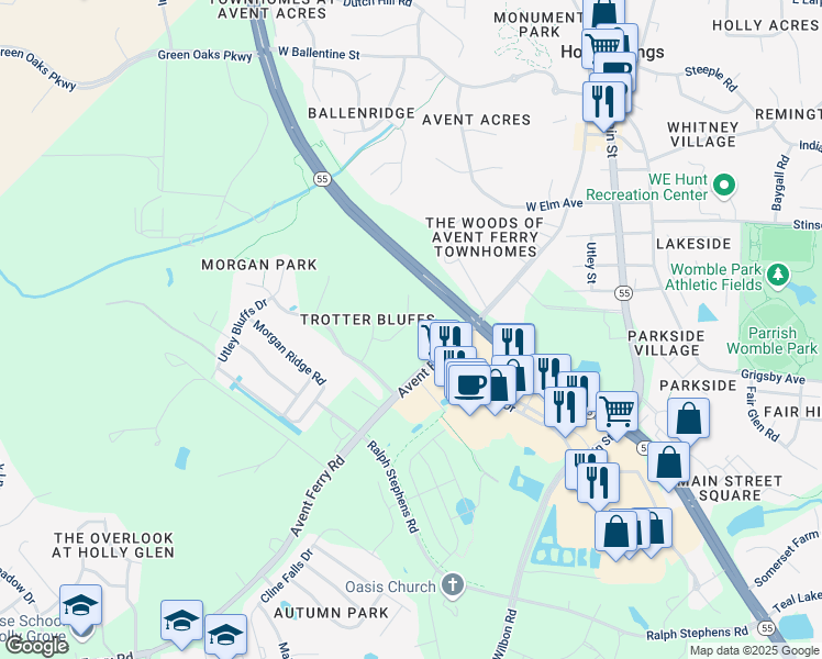 map of restaurants, bars, coffee shops, grocery stores, and more near 117 Desert Orchid Road in Holly Springs