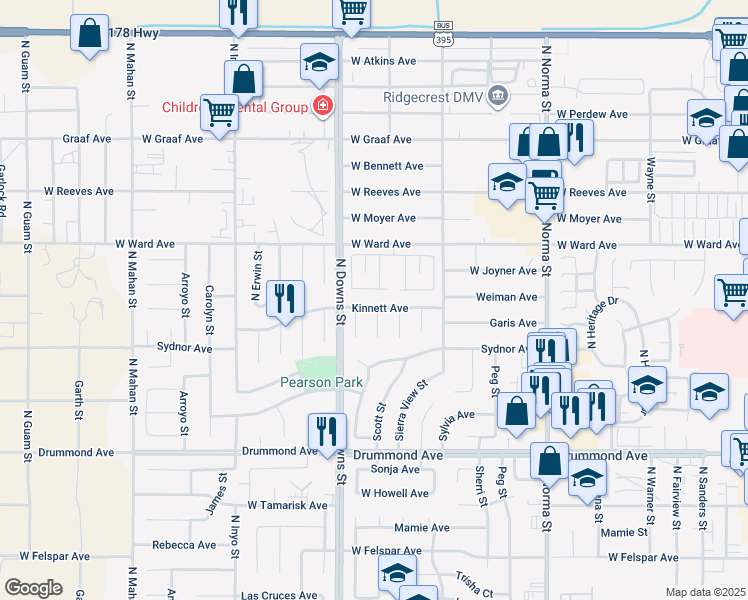 map of restaurants, bars, coffee shops, grocery stores, and more near 808 Kinnett Avenue in Ridgecrest