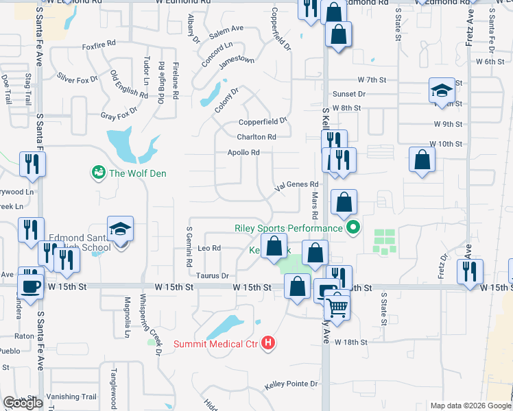 map of restaurants, bars, coffee shops, grocery stores, and more near 1013 Kelly Park Road in Edmond