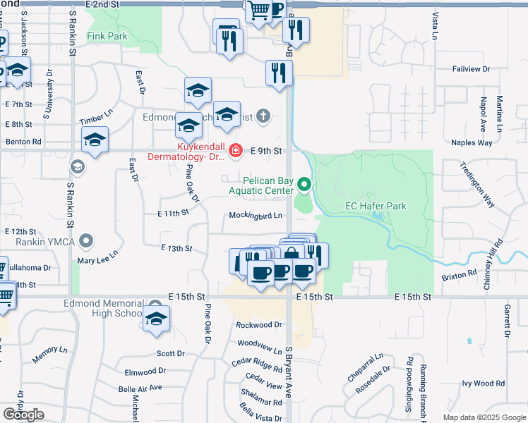 map of restaurants, bars, coffee shops, grocery stores, and more near 1305 Mockingbird Lane in Edmond