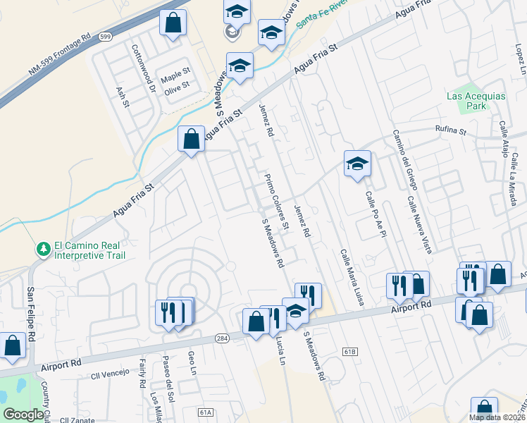map of restaurants, bars, coffee shops, grocery stores, and more near South Meadows Road in Santa Fe