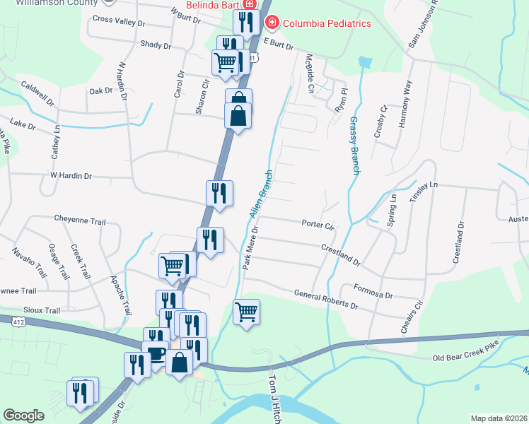 map of restaurants, bars, coffee shops, grocery stores, and more near 1300 Parkmere Drive in Columbia