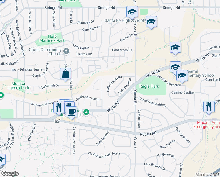 map of restaurants, bars, coffee shops, grocery stores, and more near 2638 Calle Primavera in Santa Fe