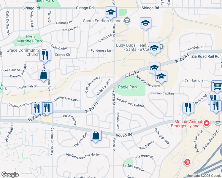 map of restaurants, bars, coffee shops, grocery stores, and more near 2600 West Zia Road in Santa Fe