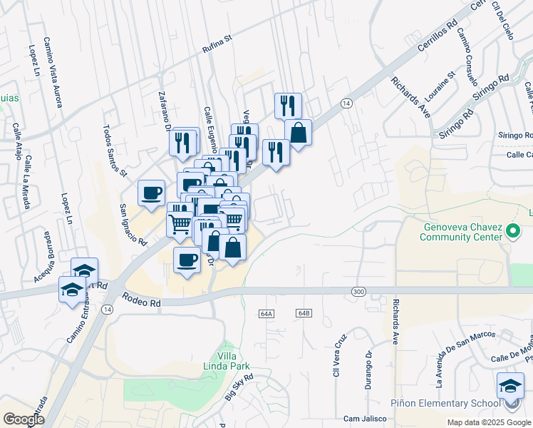 map of restaurants, bars, coffee shops, grocery stores, and more near 1405 Vegas Verdes Drive in Santa Fe