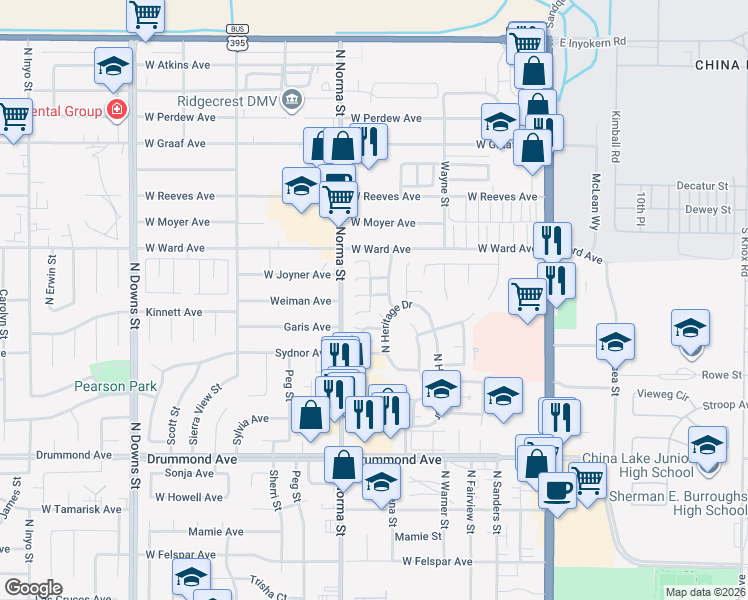 map of restaurants, bars, coffee shops, grocery stores, and more near 430 Mount Rainier Place in Ridgecrest