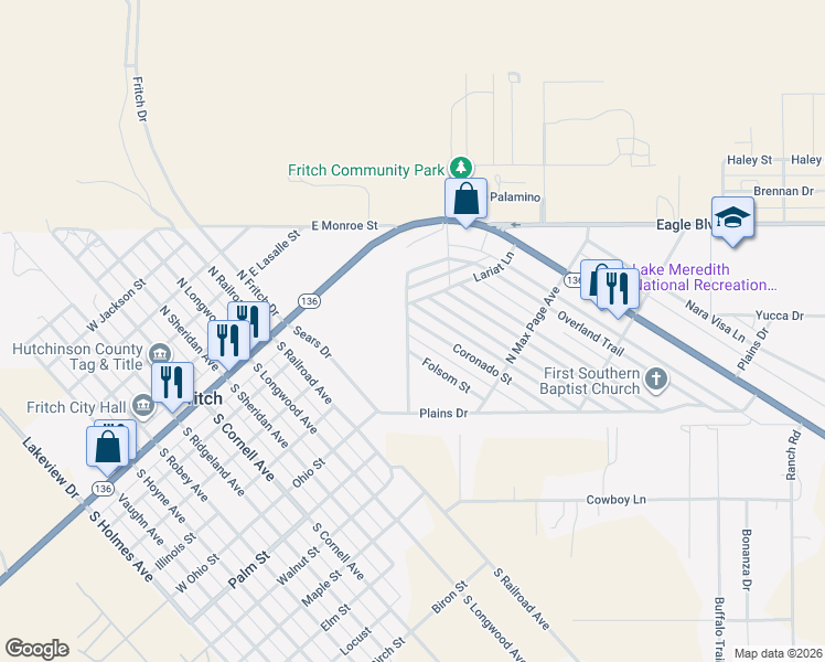 map of restaurants, bars, coffee shops, grocery stores, and more near Overland Trail in Fritch