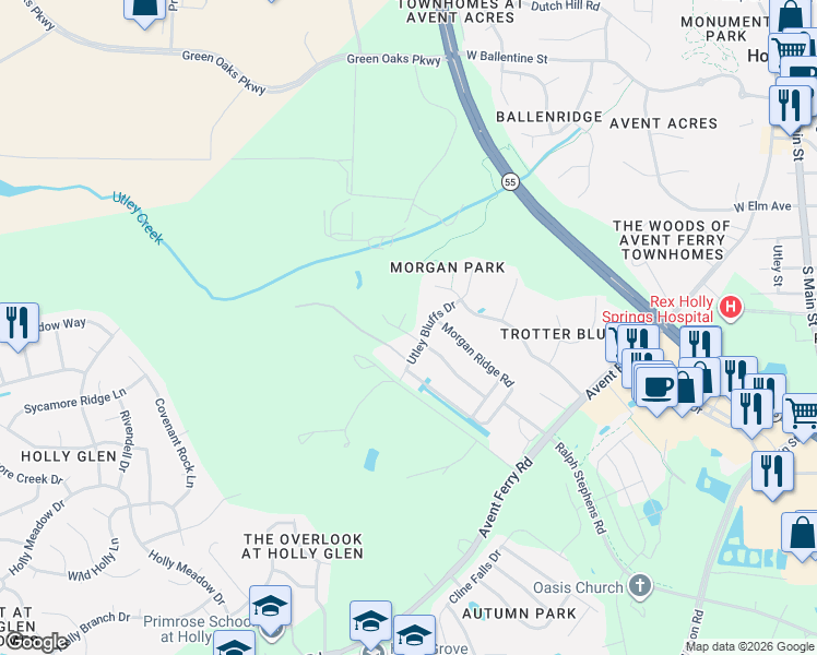 map of restaurants, bars, coffee shops, grocery stores, and more near 109 Southerland Shire Lane in Holly Springs