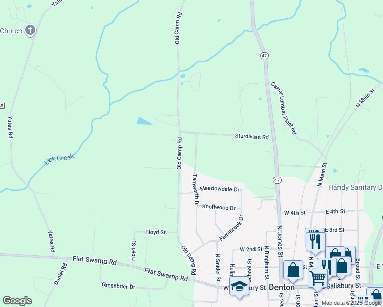 map of restaurants, bars, coffee shops, grocery stores, and more near 425 Tamworth Drive in Denton
