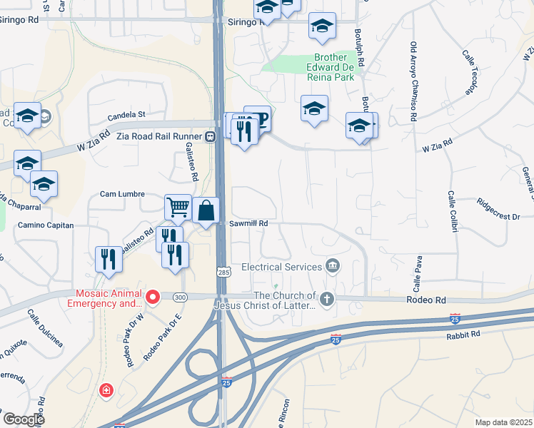 map of restaurants, bars, coffee shops, grocery stores, and more near 2500 Sawmill Road in Santa Fe