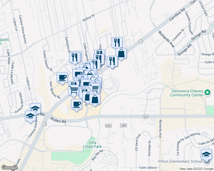 map of restaurants, bars, coffee shops, grocery stores, and more near 1405 Vegas Verdes Drive in Santa Fe