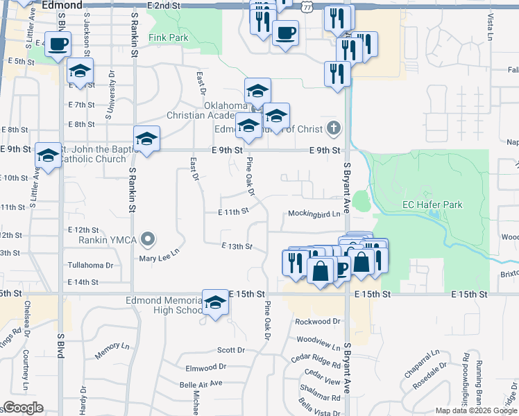 map of restaurants, bars, coffee shops, grocery stores, and more near 1104 East 11th Street in Edmond