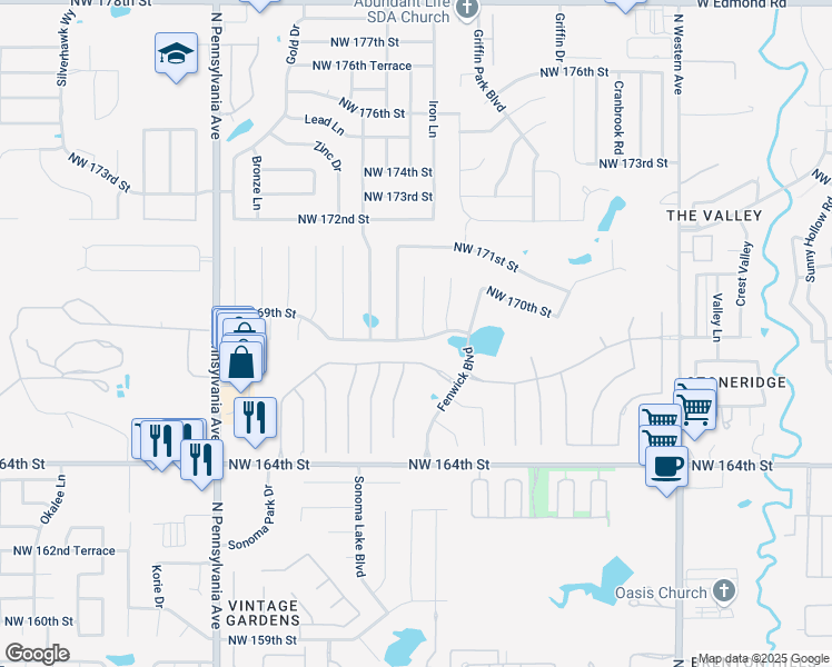 map of restaurants, bars, coffee shops, grocery stores, and more near 17009 Holly Burn Circle in Edmond