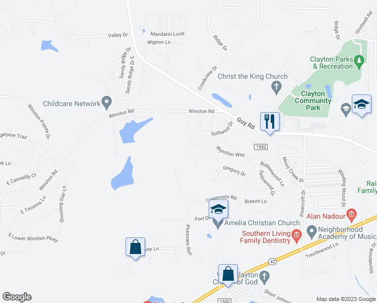 map of restaurants, bars, coffee shops, grocery stores, and more near 2004 Day Flower Drive in Clayton